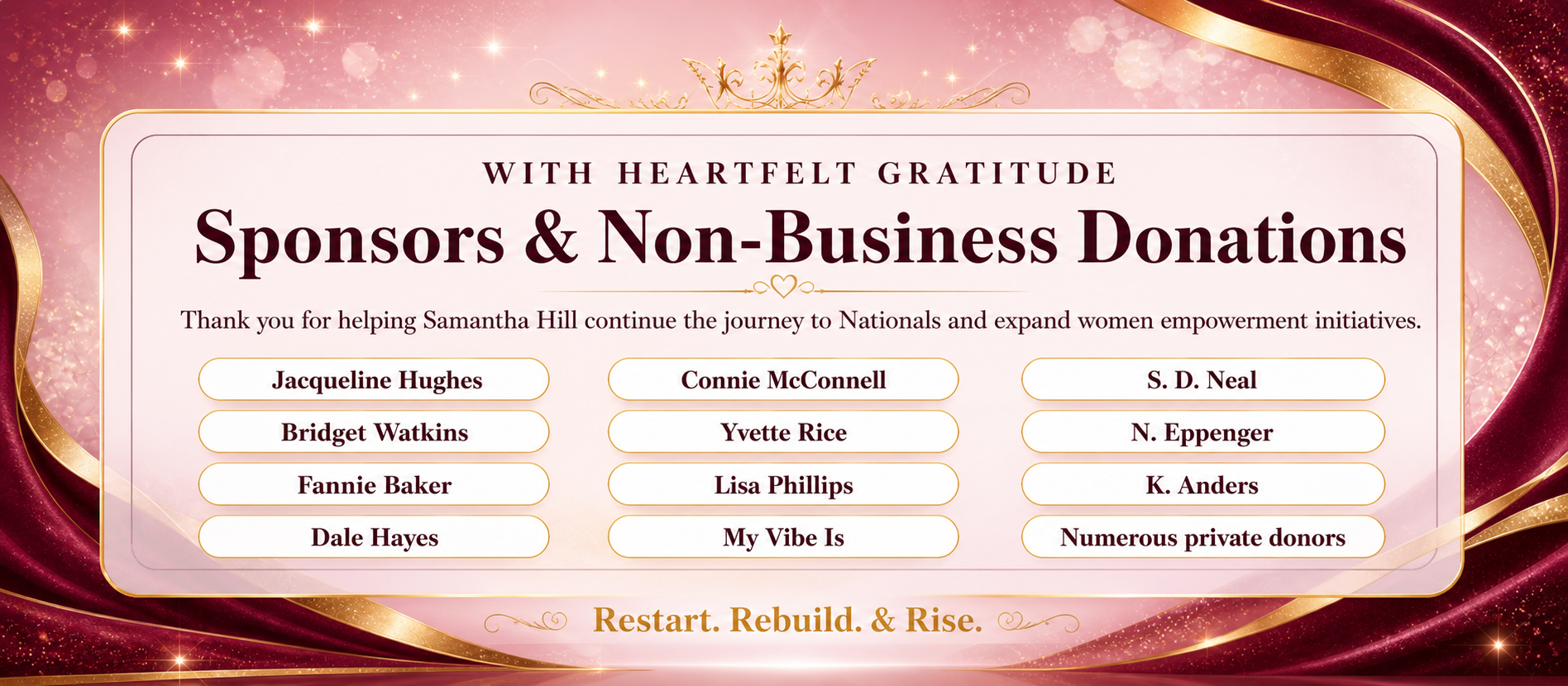 Sponsors and non-business donations: Jacqueline Hughes, Bridget Watkins, Fannie Baker, Dale Hayes, Connie McConnell, Yvette Rice, Lisa Phillips, My Vibe Is, S. D. Neal, N. Eppenger, K. Anders, and numerous private donors.