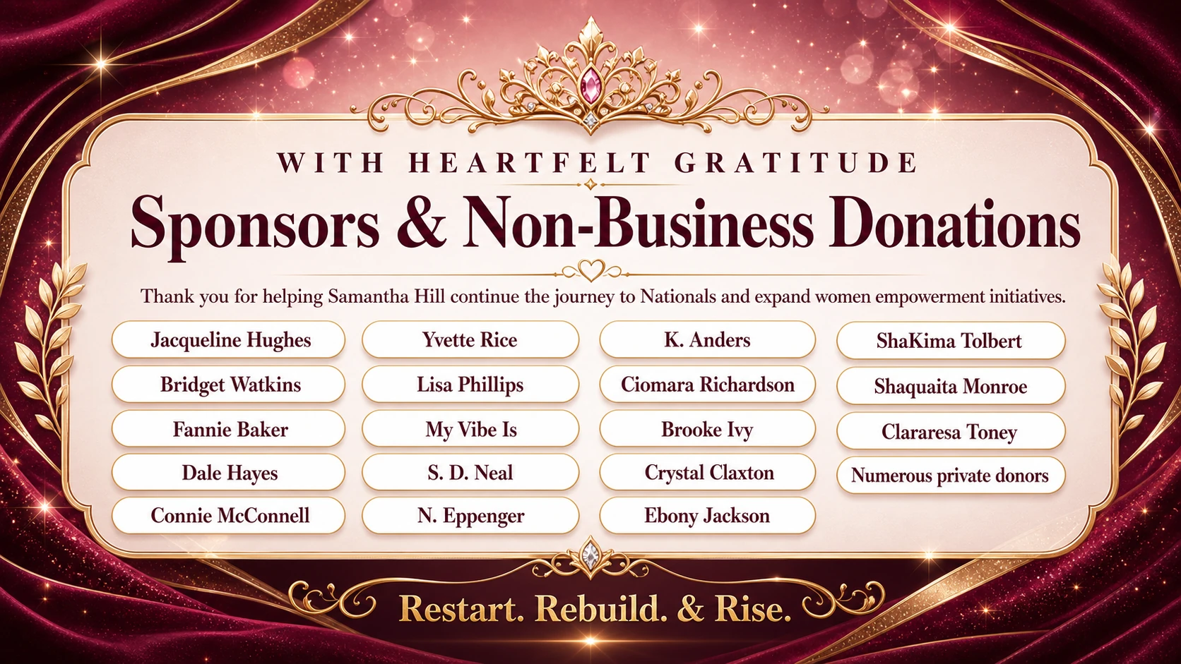 Sponsors and non-business donations: Jacqueline Hughes, Bridget Watkins, Fannie Baker, Dale Hayes, Connie McConnell, Yvette Rice, Lisa Phillips, My Vibe Is, S. D. Neal, N. Eppenger, K. Anders, and numerous private donors.