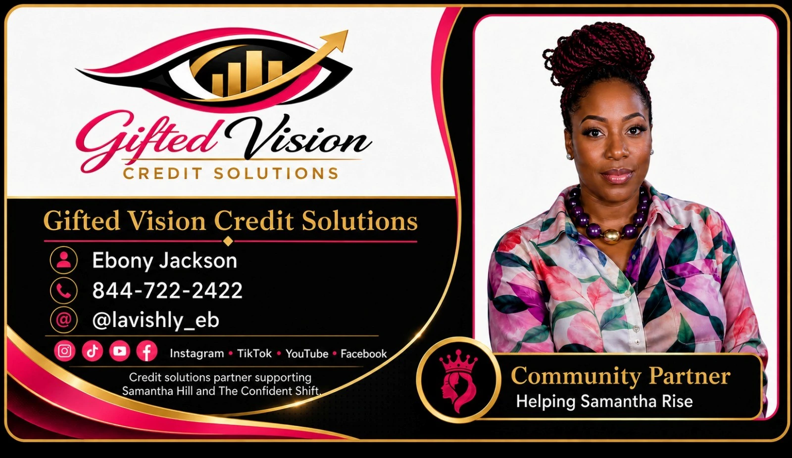 Gifted Vision Credit Solutions sponsor card for Ebony Jackson, 844-722-2422, @lavishly_eb, Instagram, TikTok, YouTube, Facebook.
