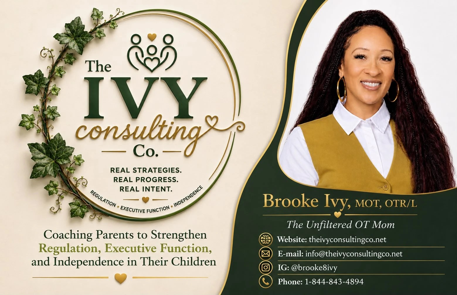 The IVY Consulting Co. sponsor card for Brooke Ivy, MOT, OTR/L, The Unfiltered OT Mom, theivyconsultingco.net, info@theivyconsultingco.net, @brooke8ivy, 1-844-843-4894.