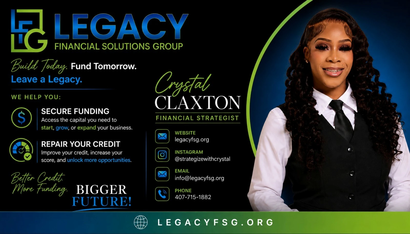 Legacy Financial Solutions Group sponsor card for Crystal Claxton, Financial Strategist, legacyfsg.org, @strategizewithcrystal, info@legacyfsg.org, 407-715-1882.