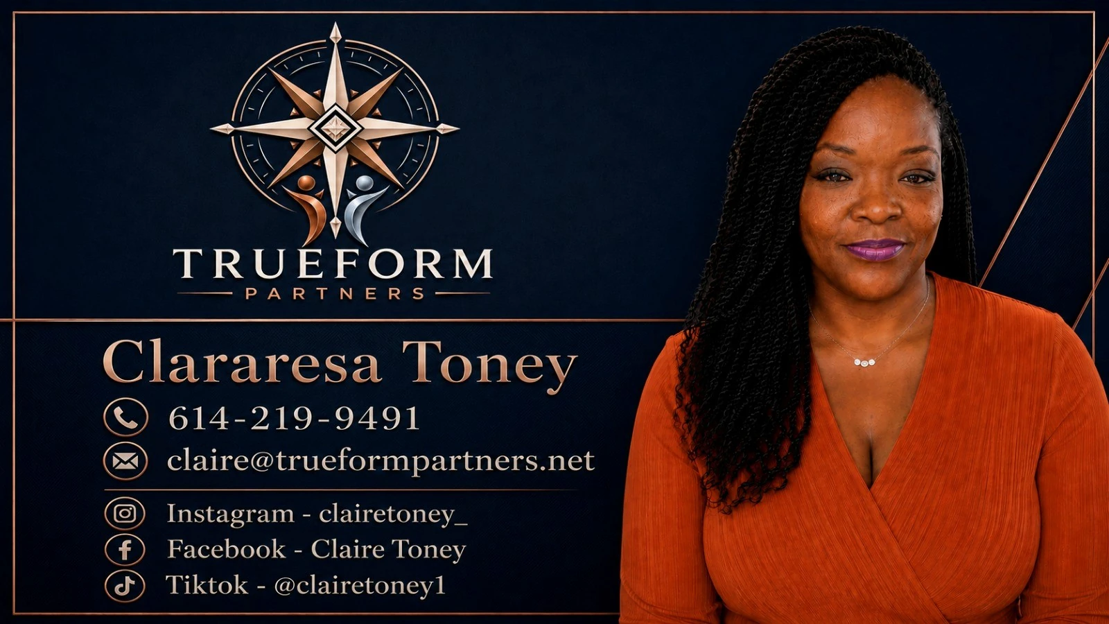 Trueform Partners sponsor card for Clararesa Toney, 614-219-9491, claire@trueformpartners.net, Instagram clairetoney_, Facebook Claire Toney, TikTok @clairetoney1.