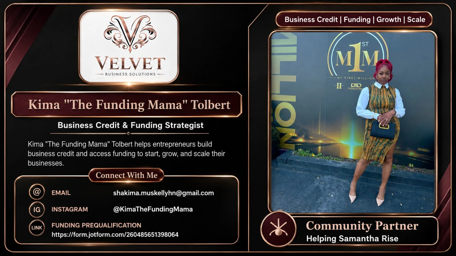 Velvet Business Solutions sponsor card for Kima The Funding Mama Tolbert, Business Credit and Funding Strategist, shakima.muskellyhn@gmail.com, @KimaTheFundingMama, funding prequalification form.